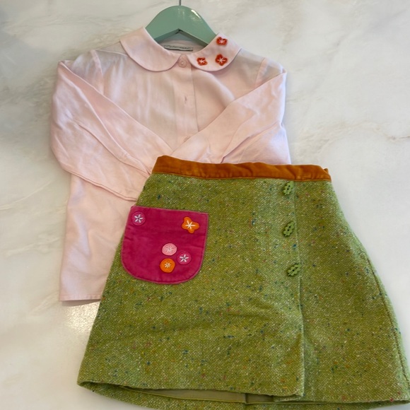 Zucchero E Filati Girls 2 Pc Set- Pink blouse & Green Tweed...